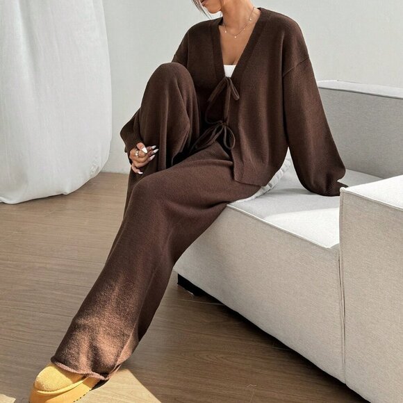 Brown Casual Women's Tie-Front Cardigan And Sweatpants Set - Picture 1 of 7